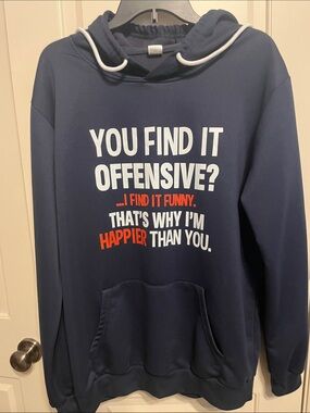 Source Unknown Navy Crewneck Hoodie with Bold White and Red Slogan